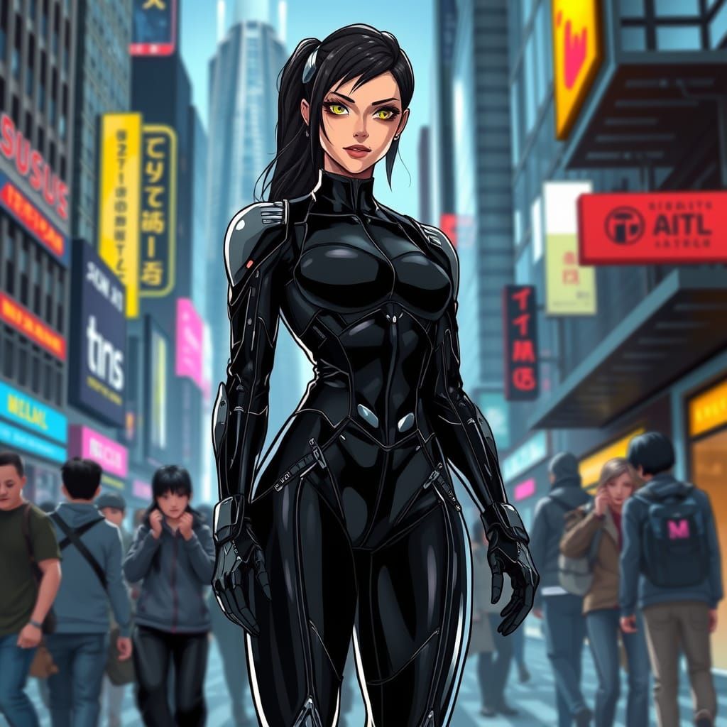 Cyberpunk Female Artificial Person Confidently Navigates Cit...