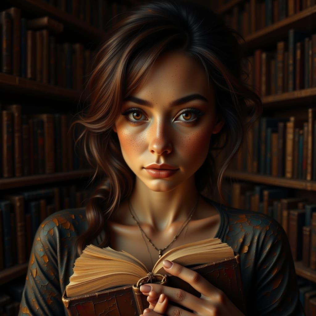 Cinematic Portrait of a Serene Librarian in Lamplight
