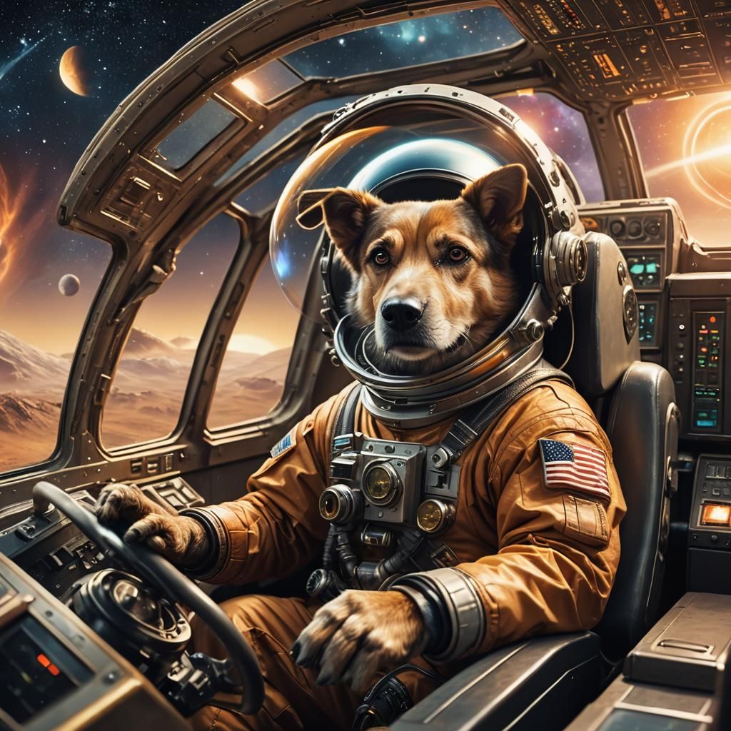 Dog Astronaut Navigates Cosmos in Spaceship Cockpit