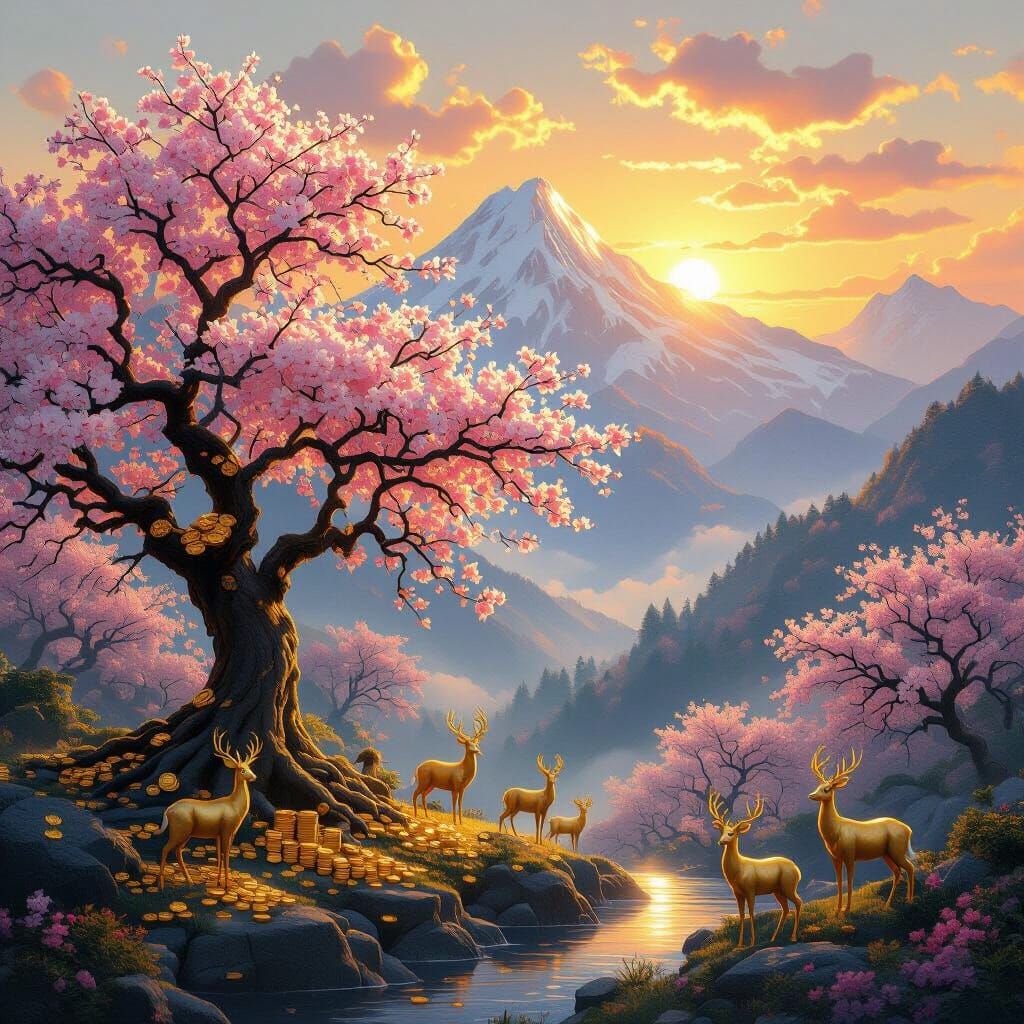 Golden Deer Sunrise in Sakura Forest with Money Tree