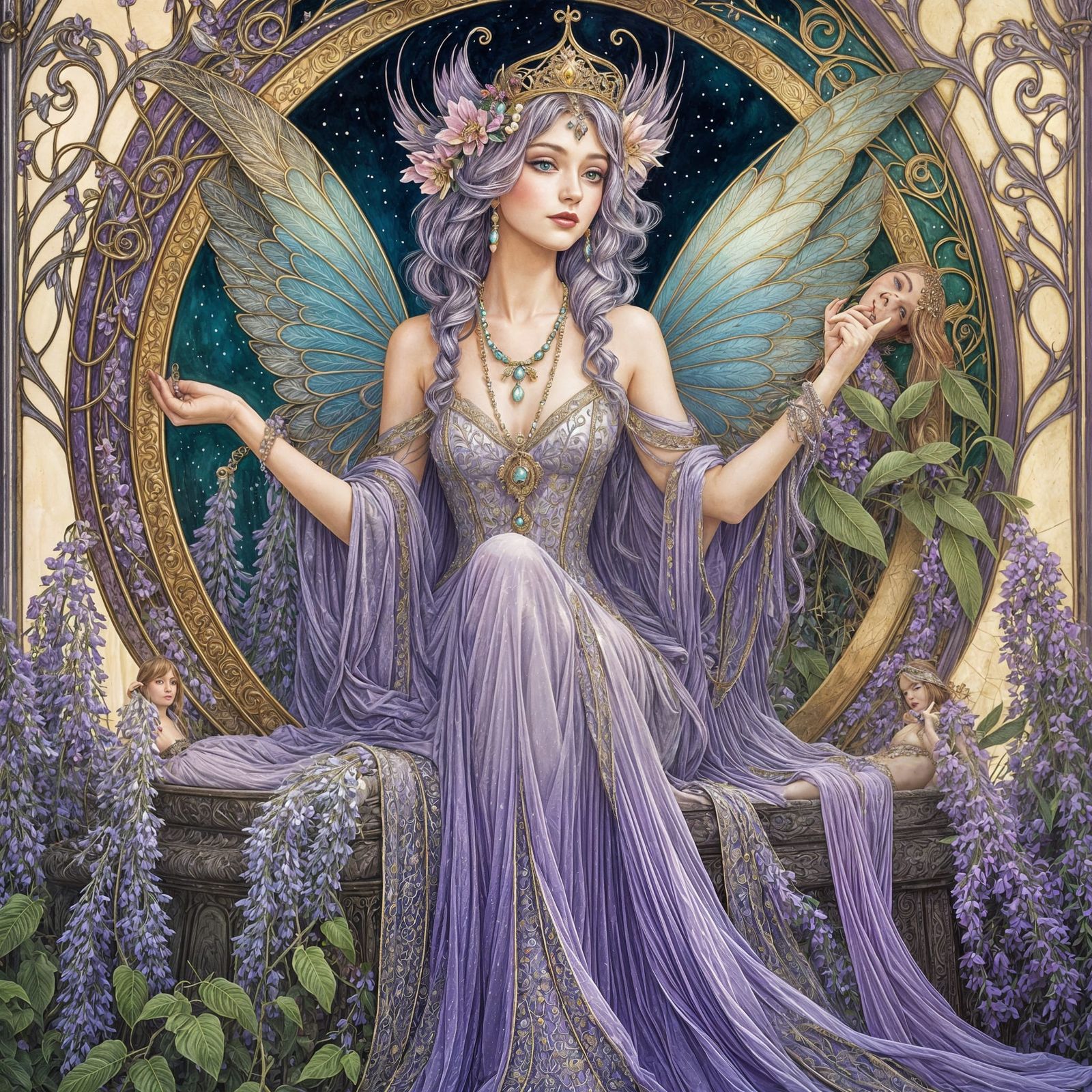 Art Nouveau Fairy Queen in Wisteria Gazebo