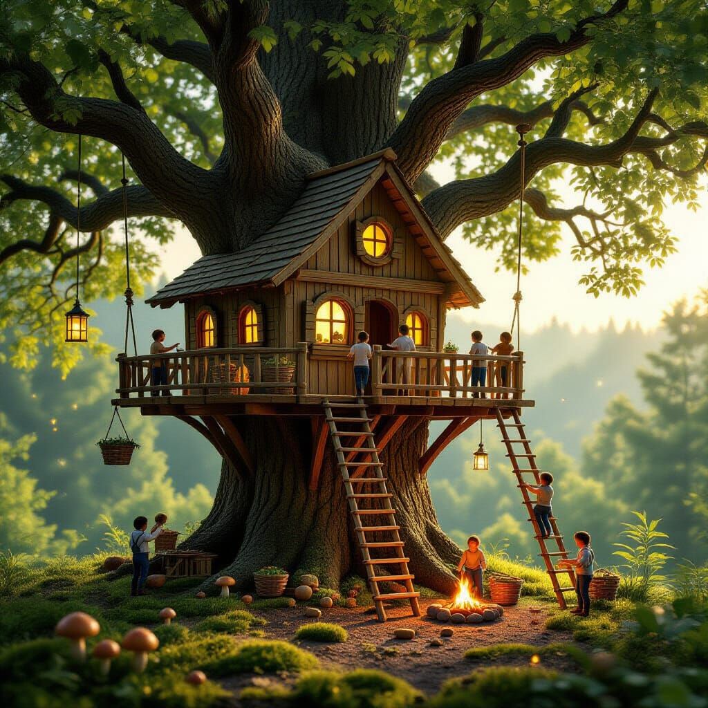 Hyper-Realistic Treehouse in Giant Oak Forest