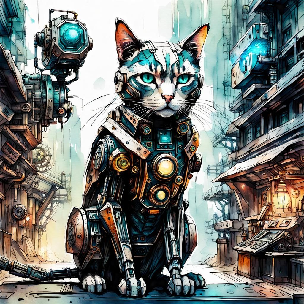 Steampunk Cat Robot in Digital Watercolor