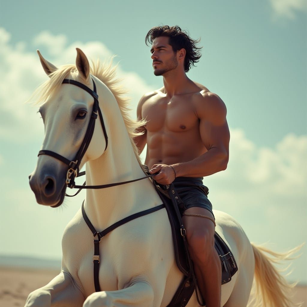 Bronzed Hero Rides a Majestic White Stallion in Wild Freedom