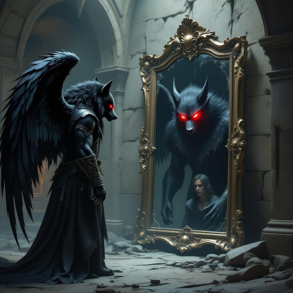 Menacing Werewolf and Winged Beast in Dark Chamber