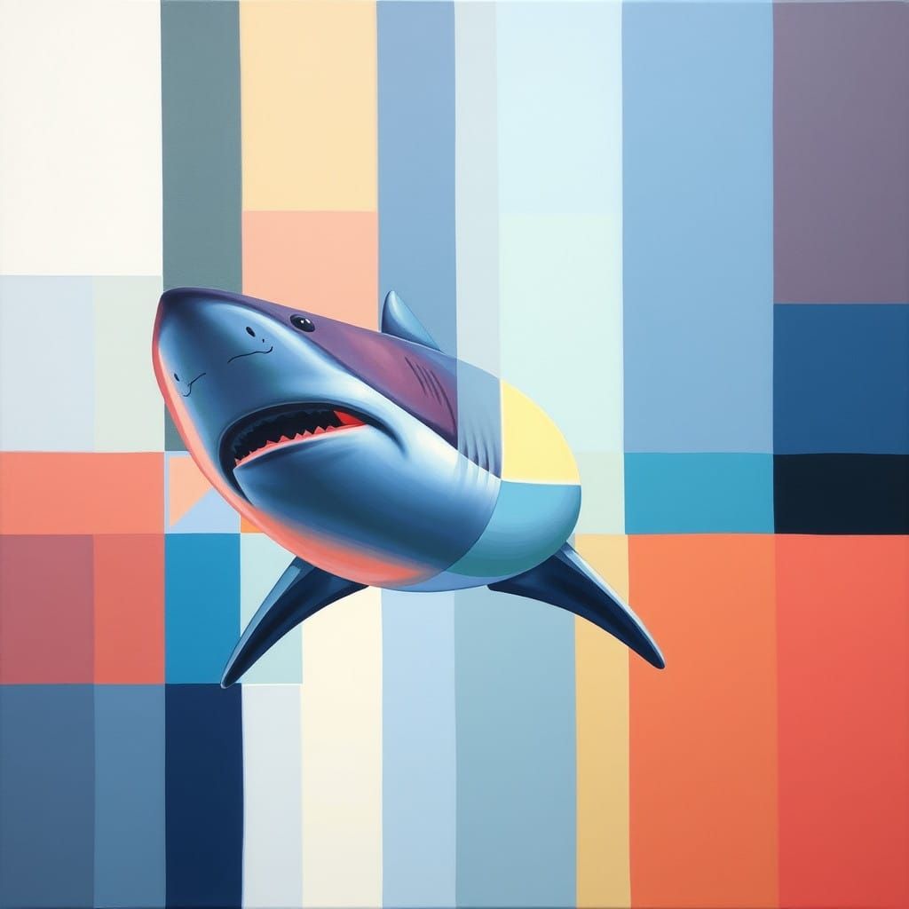 Mondrian-Inspired Abstract with Shark in Neon Accents