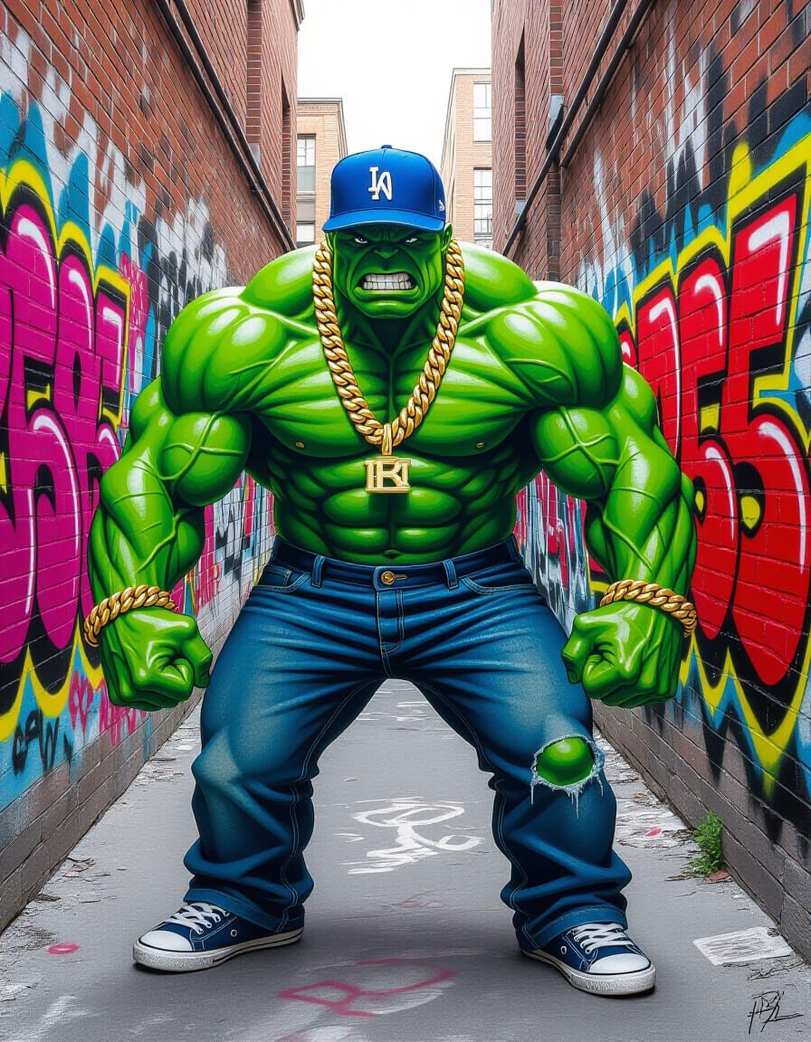 Hulk Poses in Urban Alleyway Art