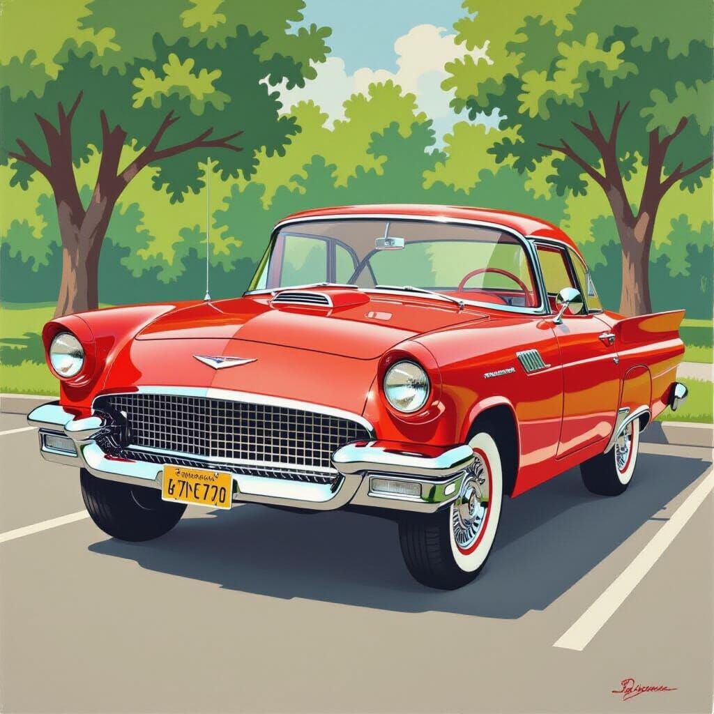 Detailed Gouache Painting of an Old Red Car