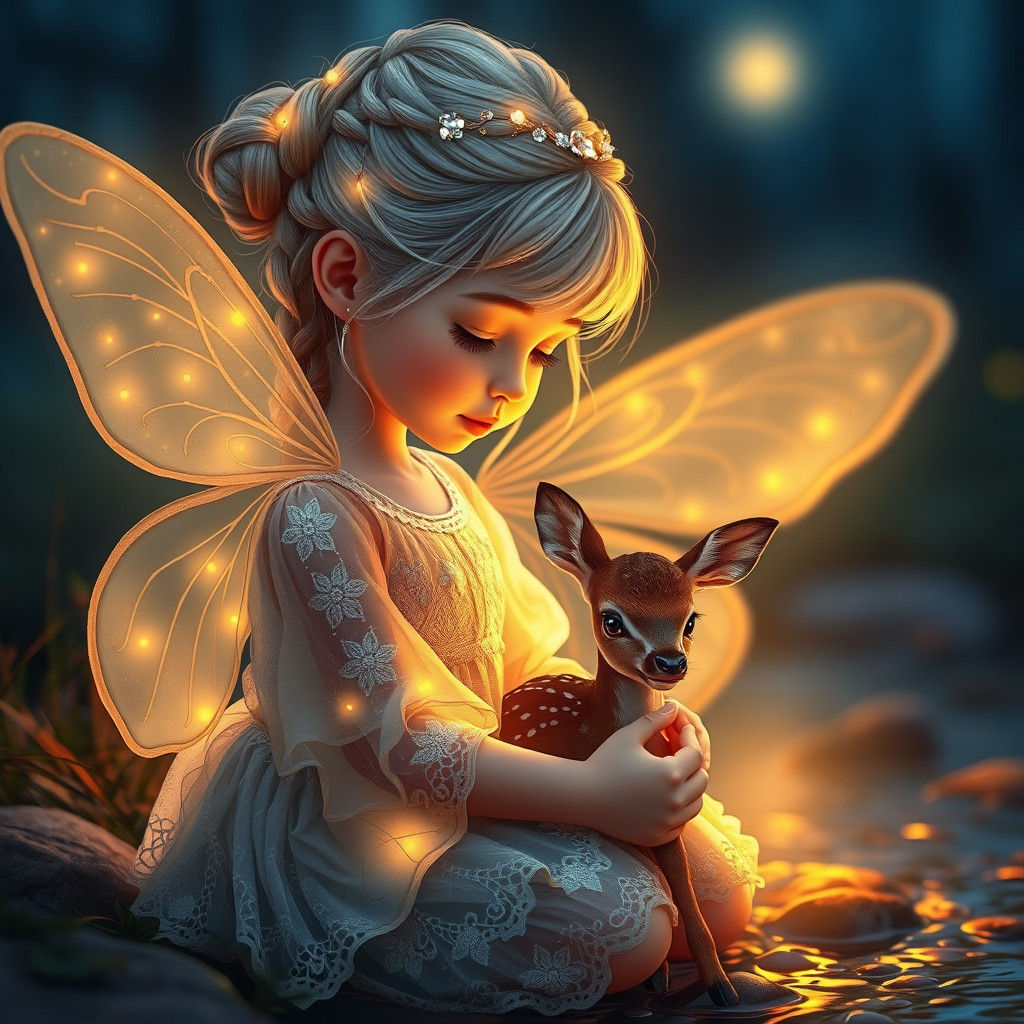 Moonlit Woodland Scene with Girl, Deer and Fairy Lights