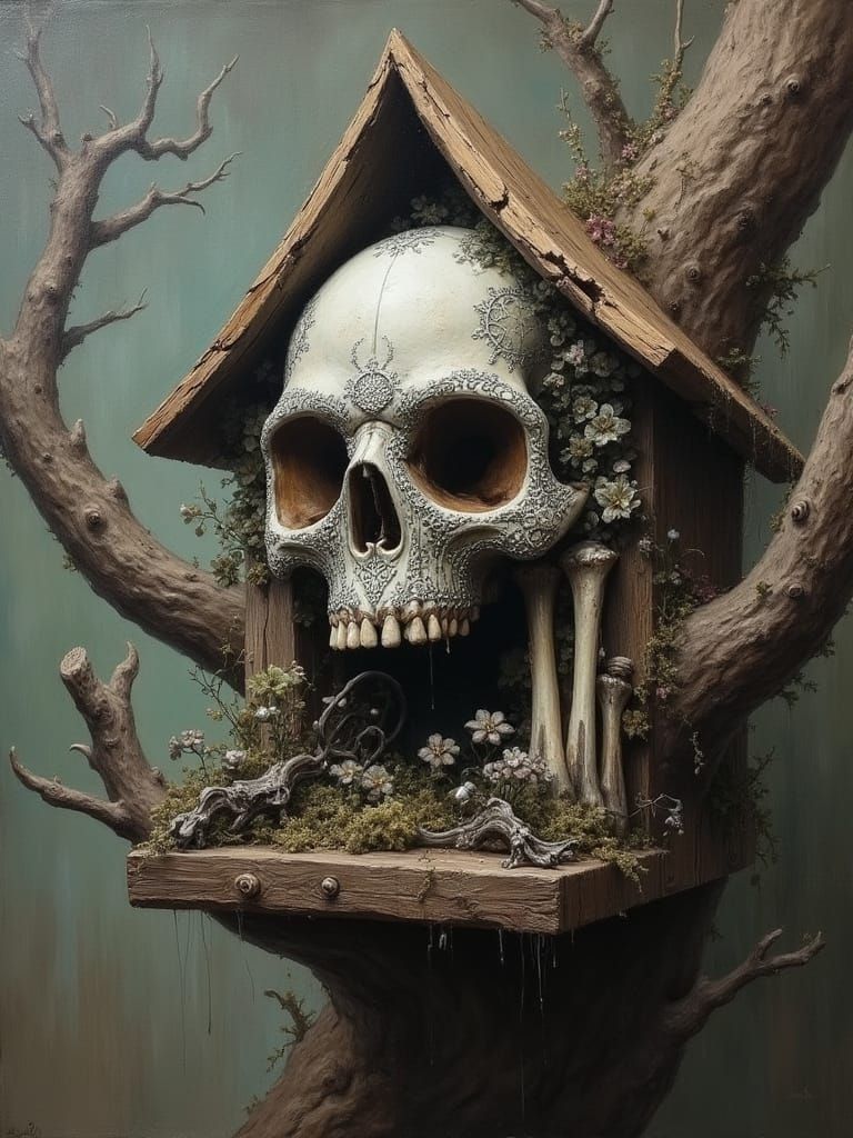 Mystical Skull Birdhouse with Silver Filigree