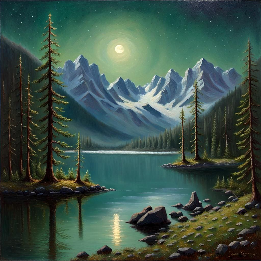Lush Forest Lake Under Starry Night, Oil Painting