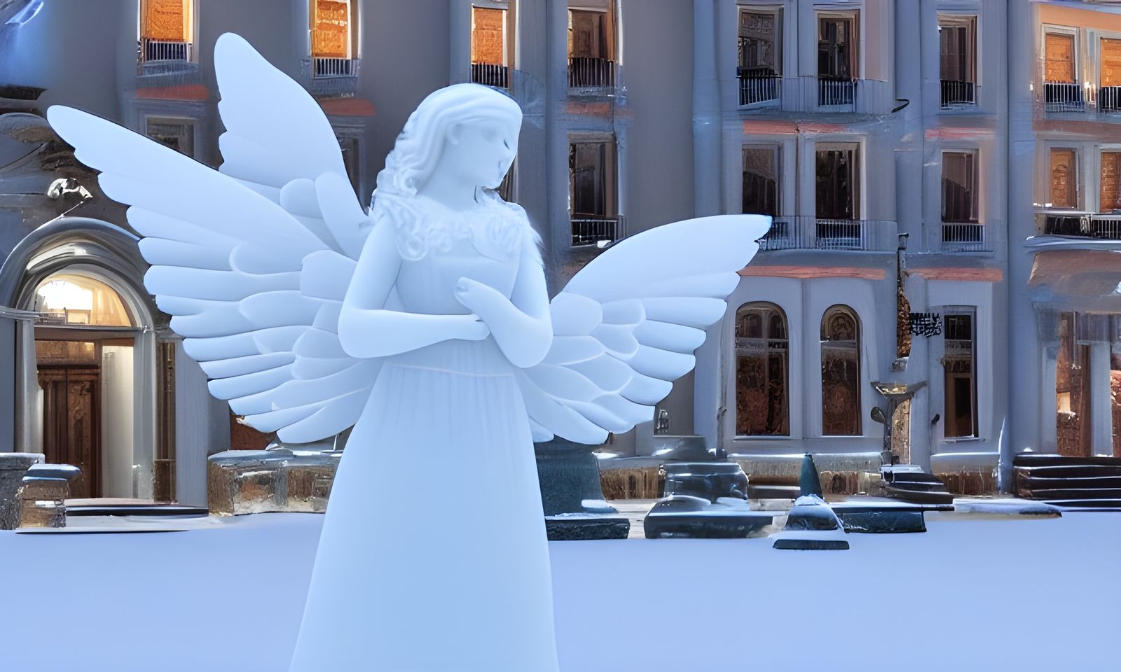 Snowy Town Square Angel Ice Sculpture in 8k