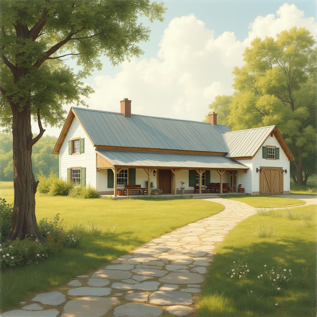 Whimsical Rural Retreat in Watercolor Style