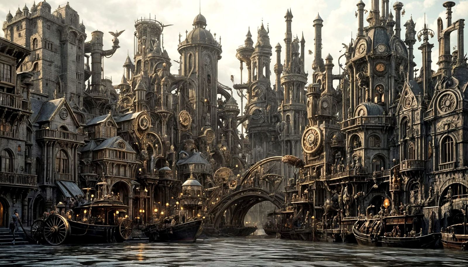 Steampunk City Harbor with Clockwork Boats