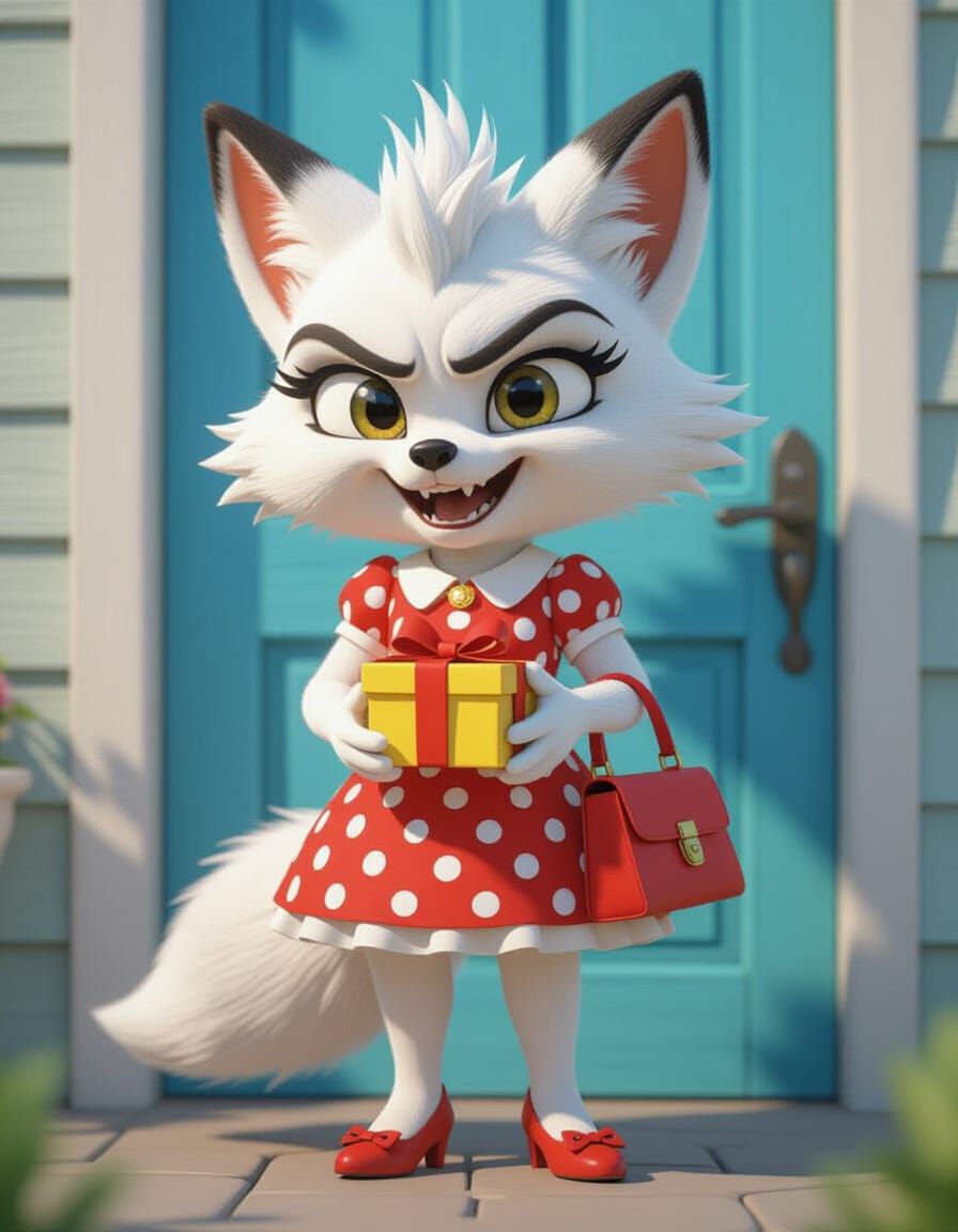 Cartoon Fox in Red Polka Dot Dress Holds Gift