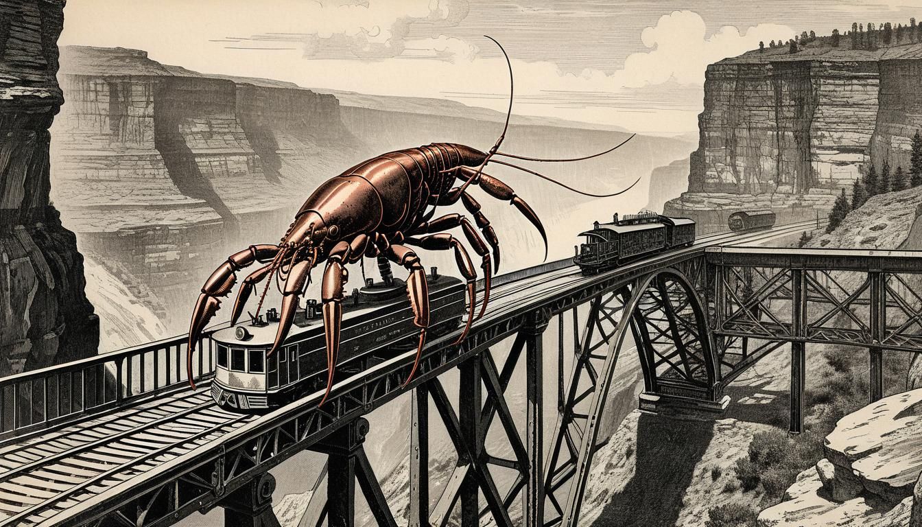 Robot Lobster and Locomotive in Copper Plate Style