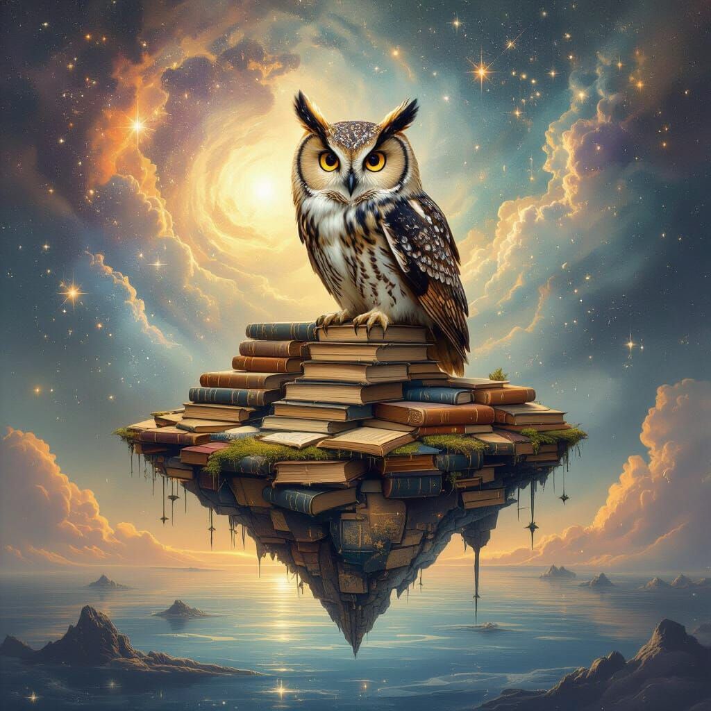 Wise Owl on Book Island in Cosmic Nebula