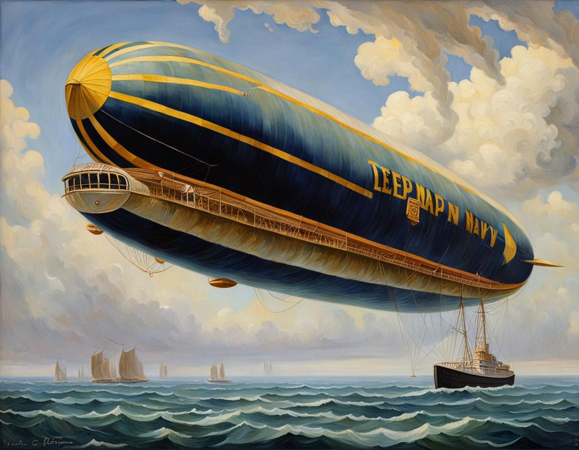 An oil painting of a US Navy zeppelin circa 1922 floating ab...