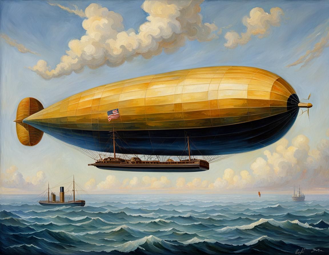 An oil painting of a US Navy zeppelin circa 1922 floating ab...