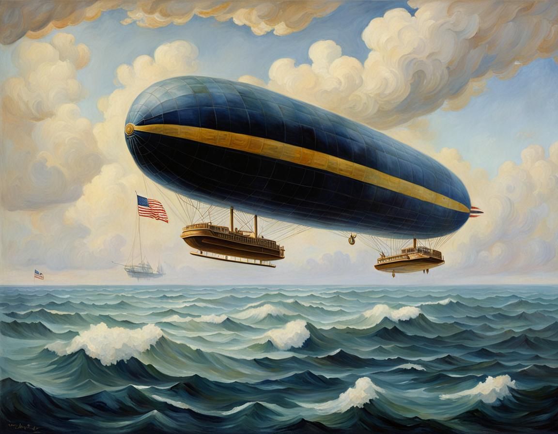 An oil painting of a US Navy zeppelin circa 1922 floating ab...