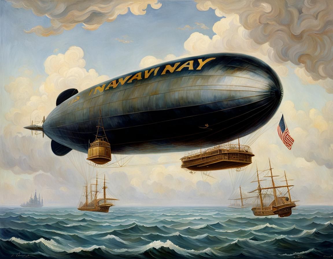 An oil painting of a US Navy zeppelin circa 1922 floating ab...