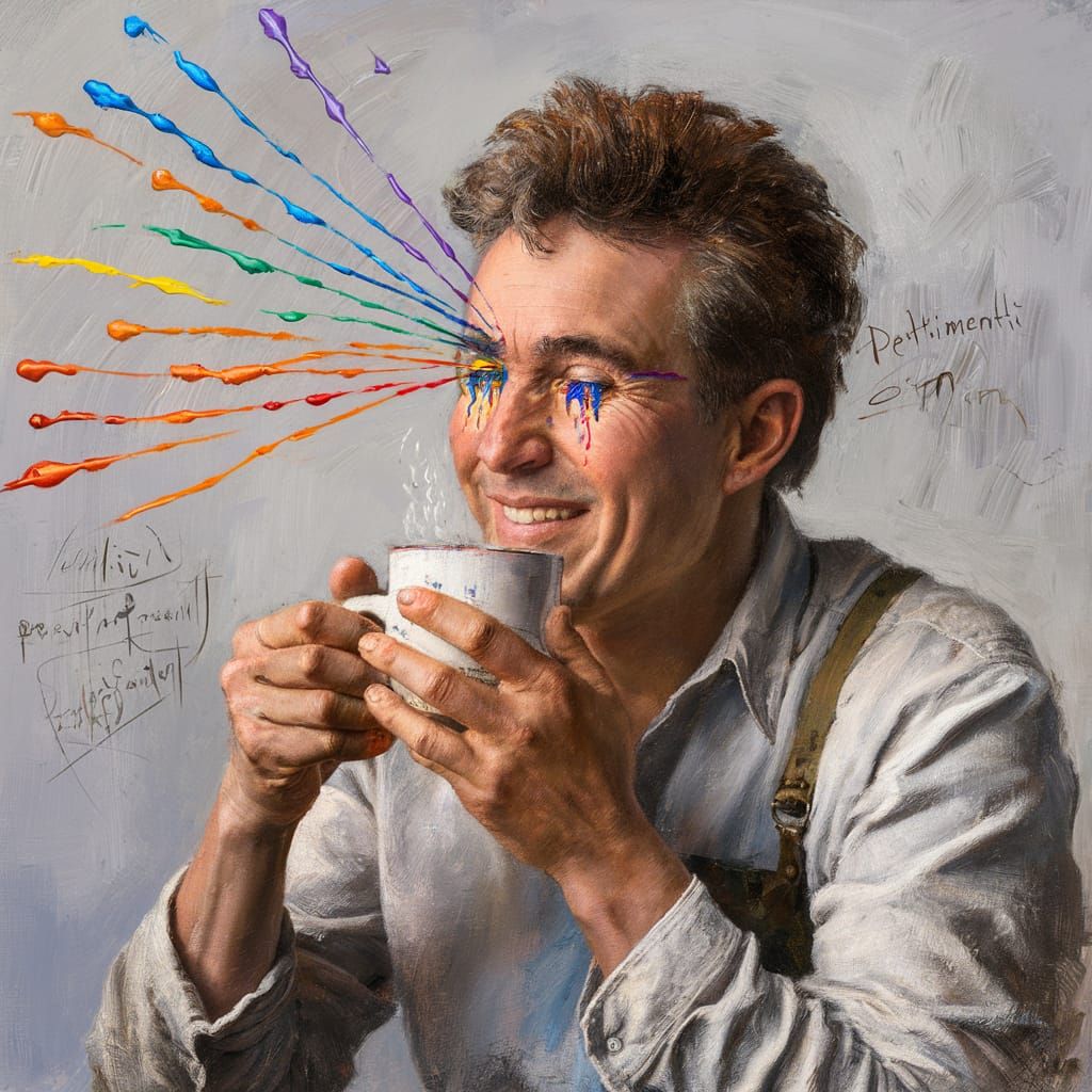 Artist's Humorous Realization in Colorful Oil Painting