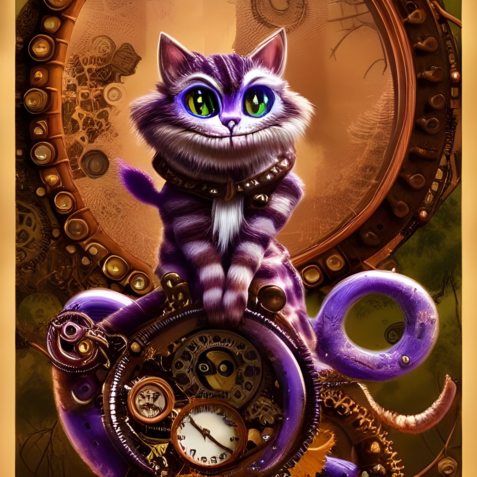 Steampunk Cheshire Cat in Clockwork Forest