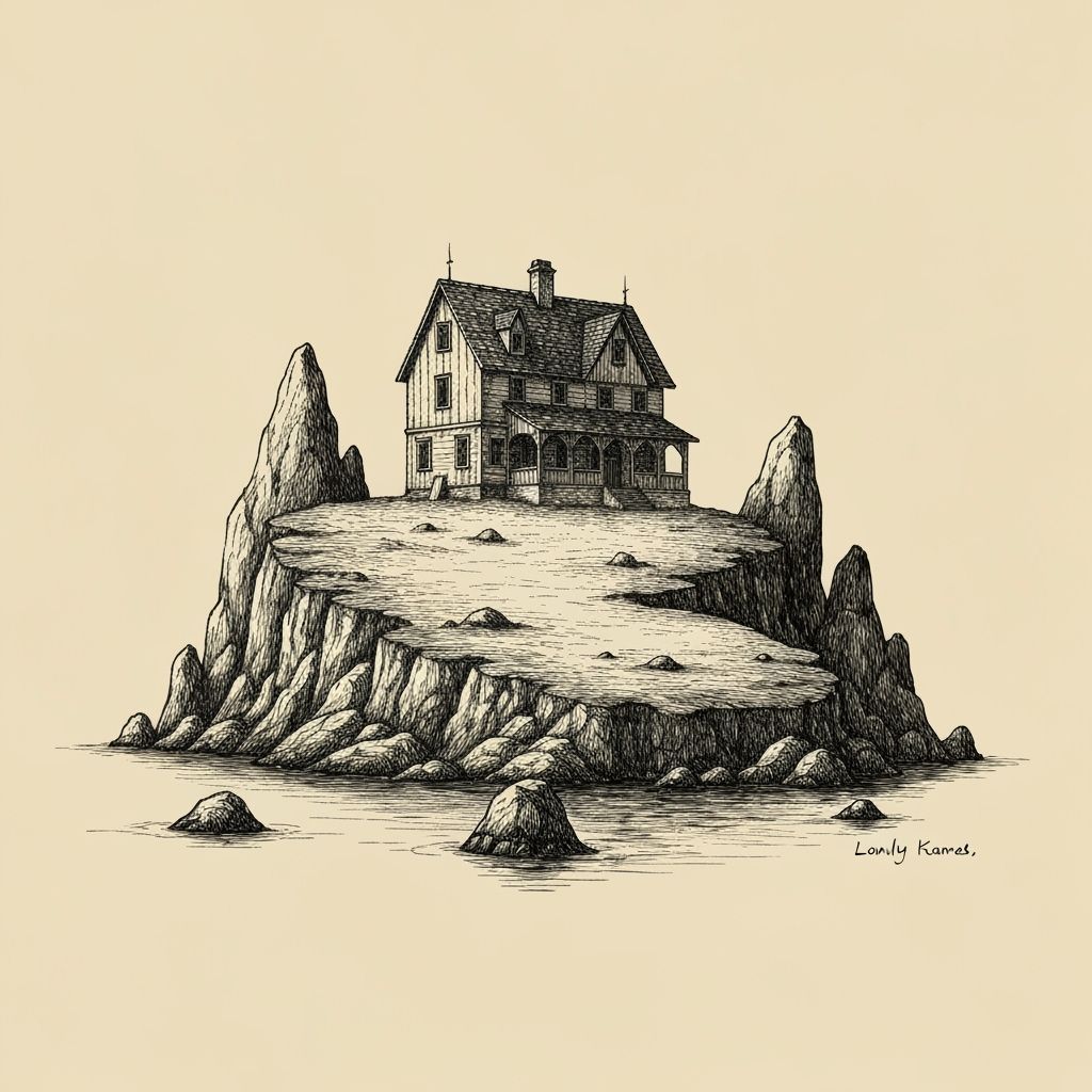 Ominous Mansion on Rocky Island in Vintage Ink Drawing Style