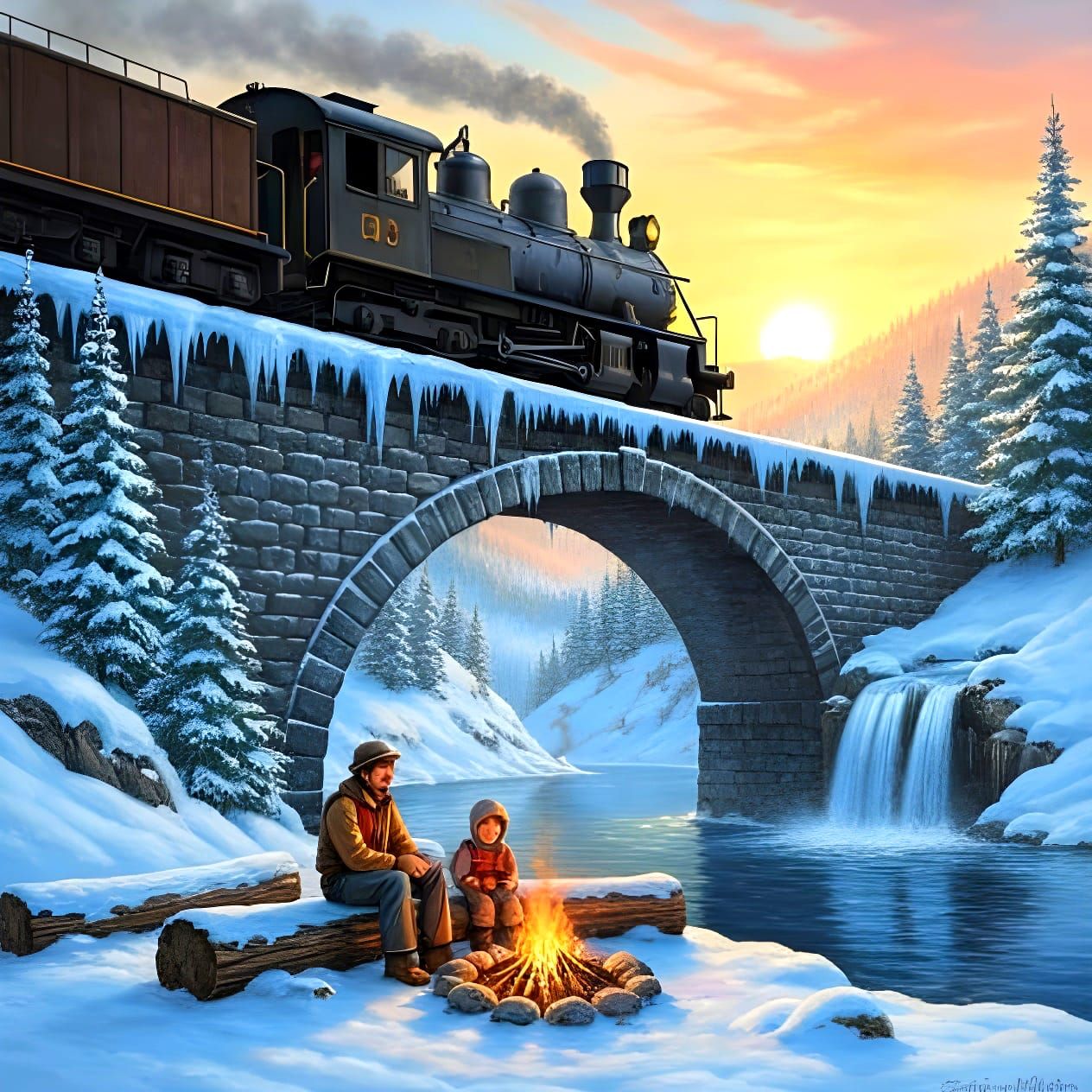 Man and Child by Campfire Under Icy Train Bridge