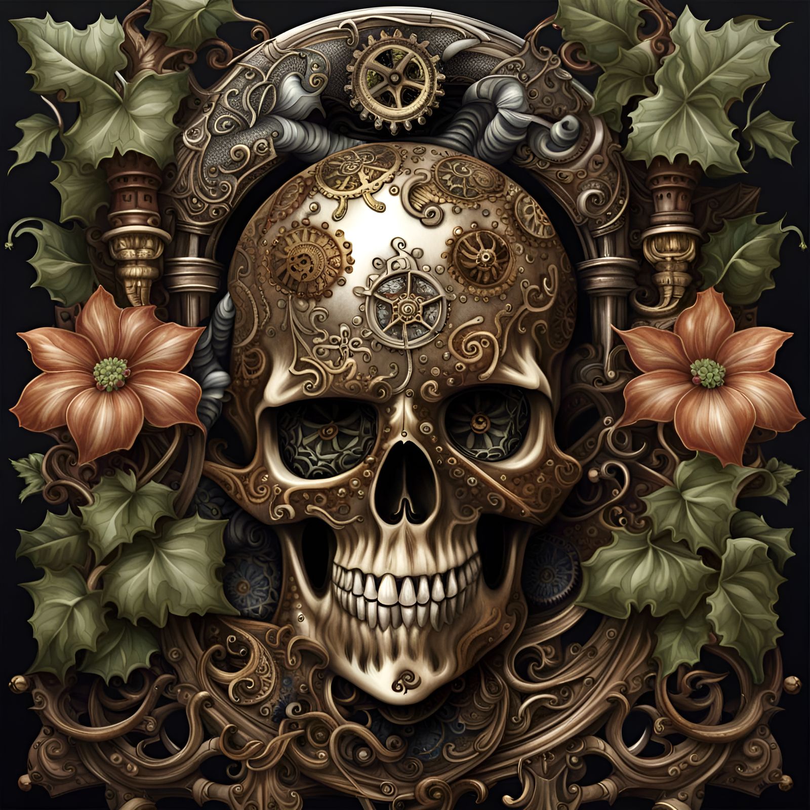 glossy shiny skull, kraken, flowers, ivy, painting, ultra sharp, highly detailed, full size --testp --upbeta