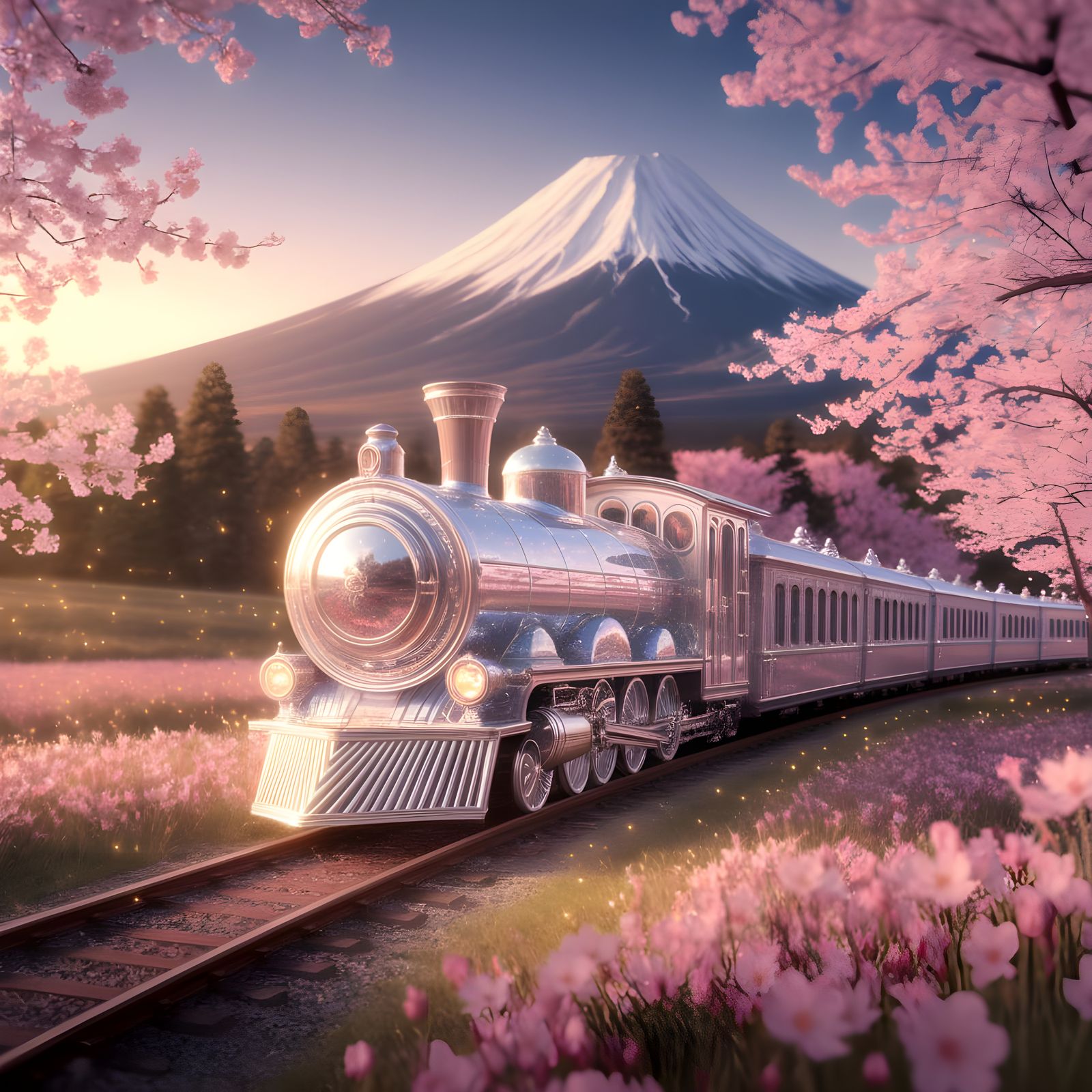 Enchanted Spring Crystal Train Amidst Cherry Blossoms and Mo...