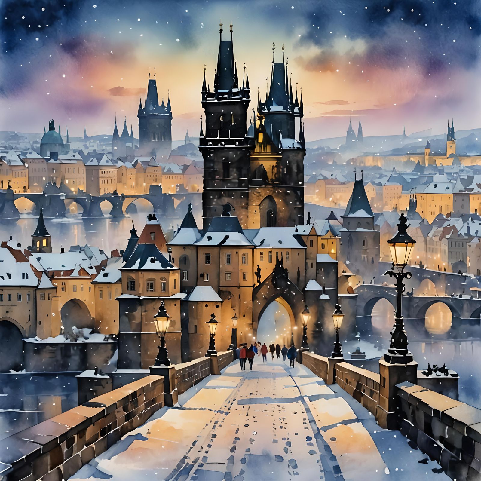 Charles Bridge Prague: Watercolor Snow at Dusk
