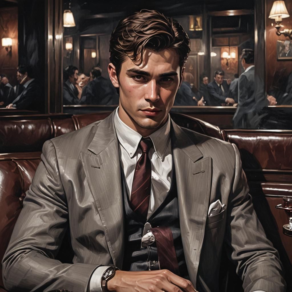Hyperrealistic 1920s Mafia Boss in Dark Lounge