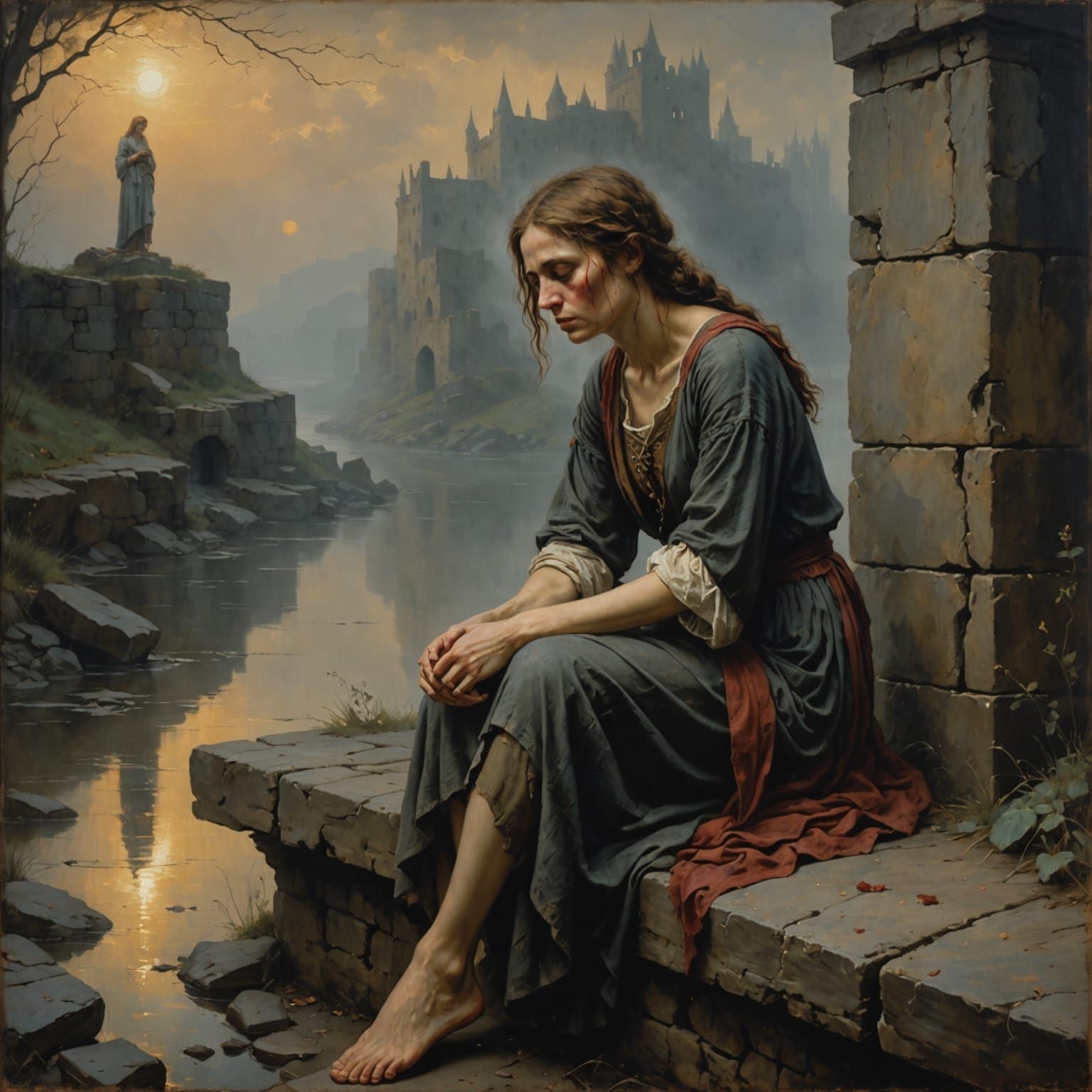 Renaissance Painting of Woman on Foggy Stone Wall