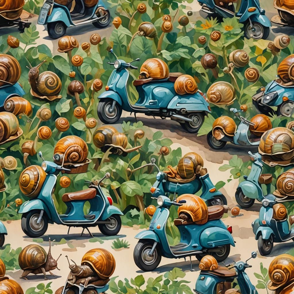Snails on Mopeds: Gouache-Style Impressionist Masterpiece