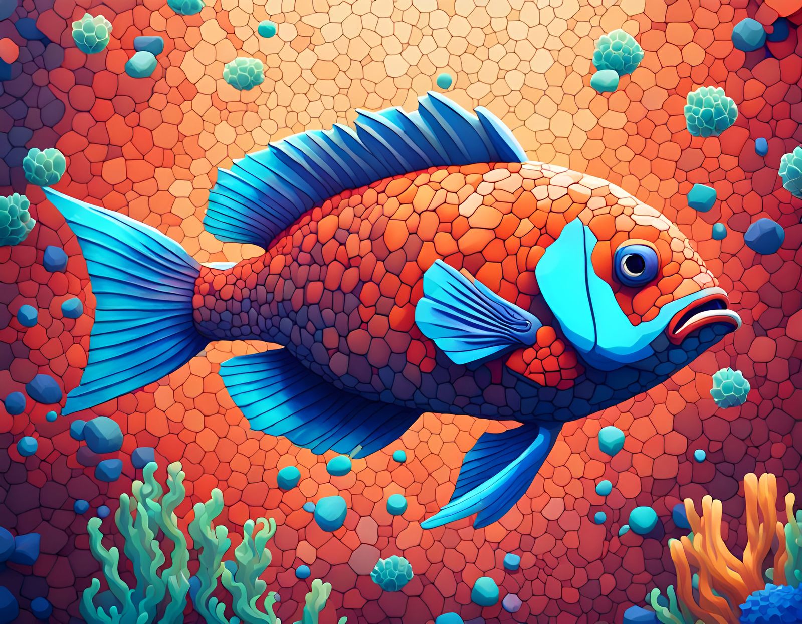 Mosaic Fish in Coral Reefs: Pixel Art