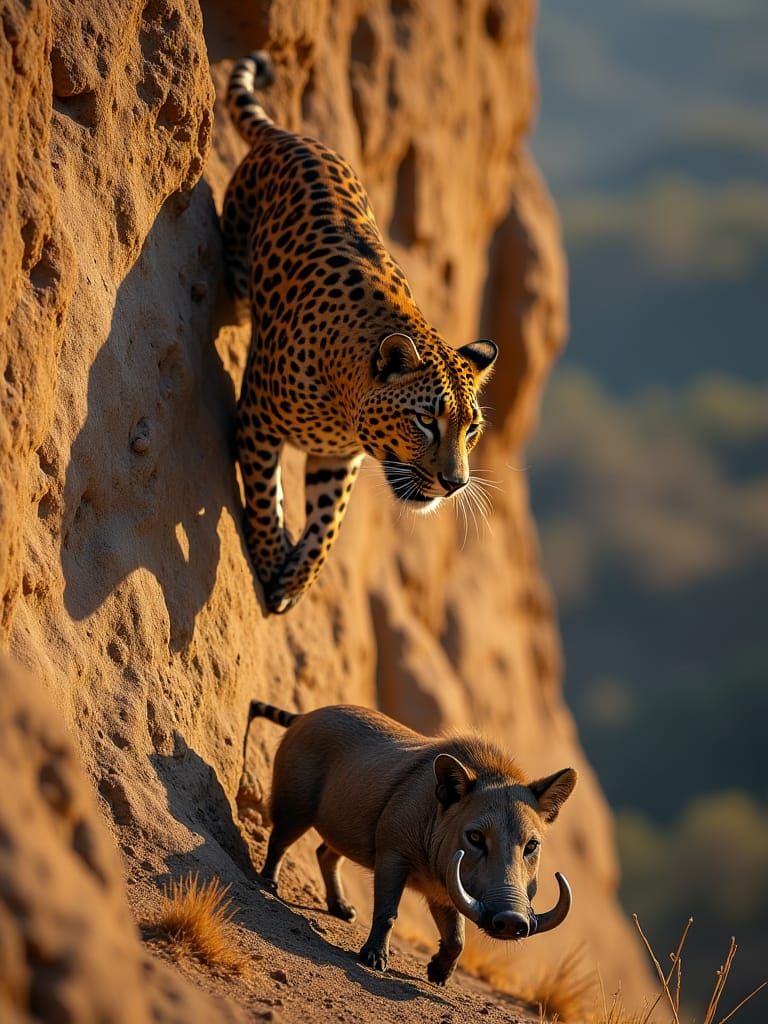 Leopard Watches Warthog in Golden Sunset Light