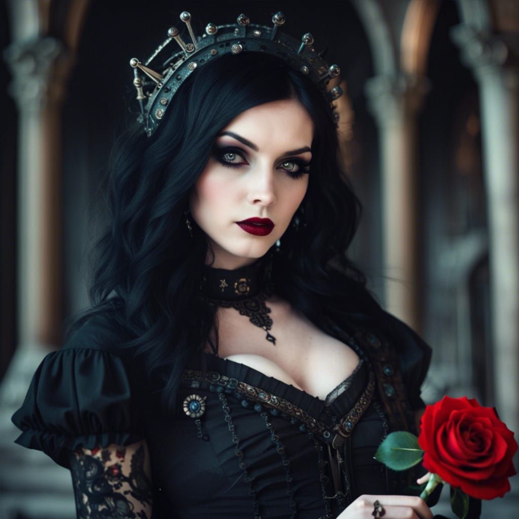 Steampunk Goth Girl with Rose in Gothic Castle