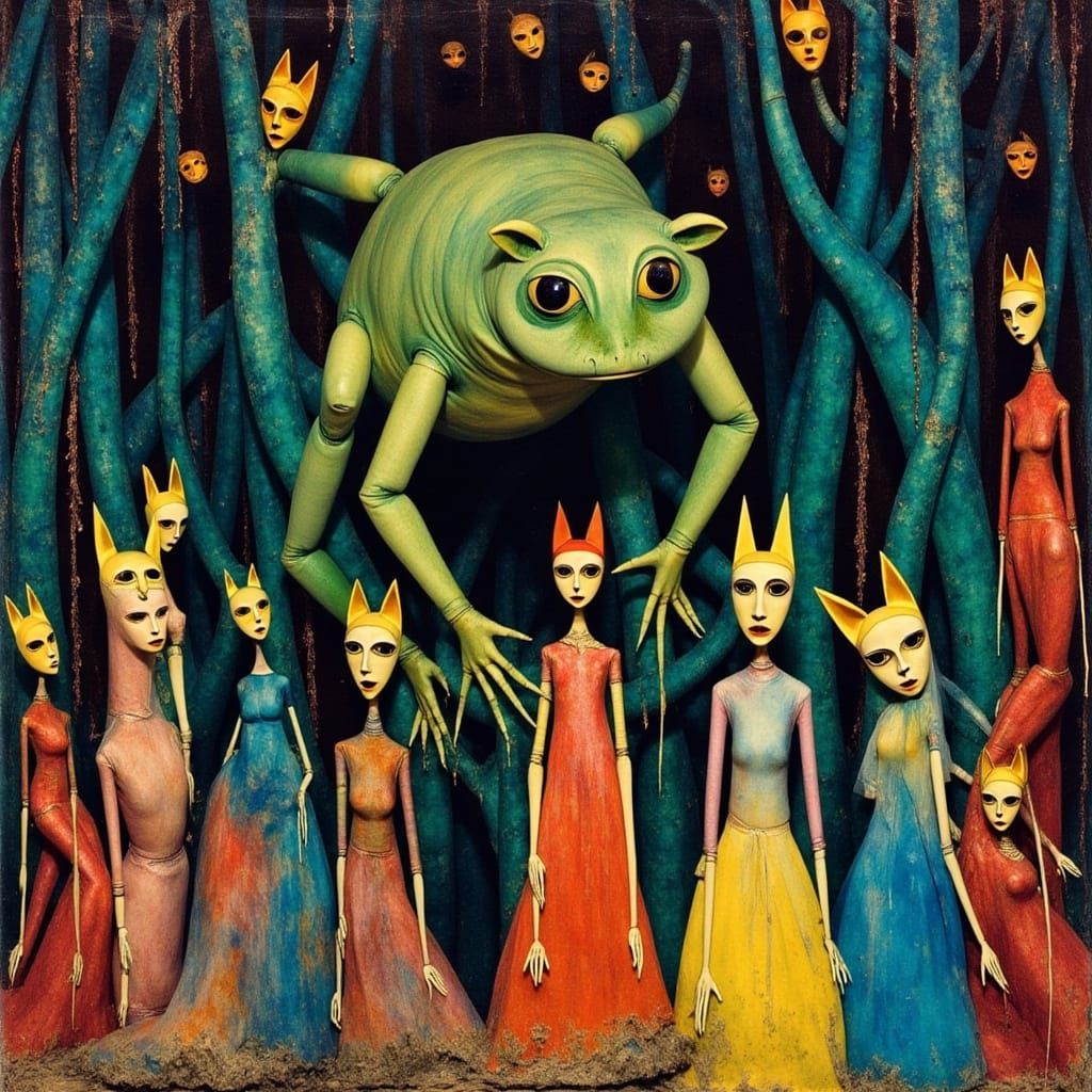 Toad God and Fox Bride in Vibrant Forest Landscape