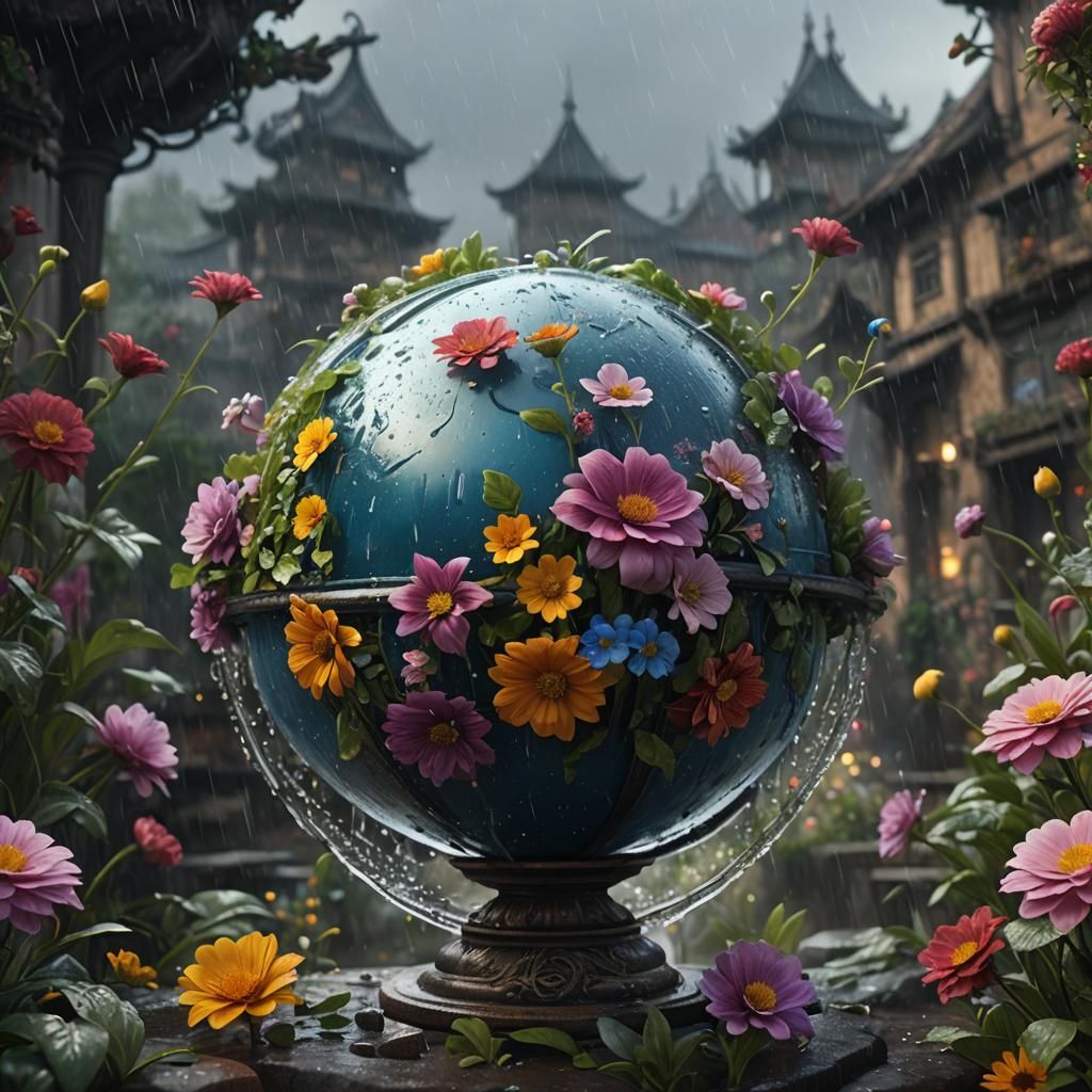 Globe with Rain and Flowers: Detailed Matte Painting