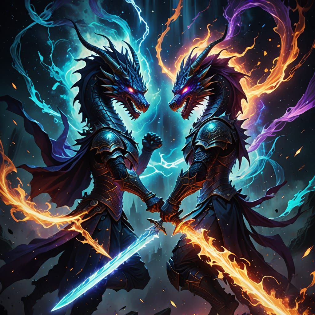 Ethereal Dragon Swords Dance in Cosmic Vortex