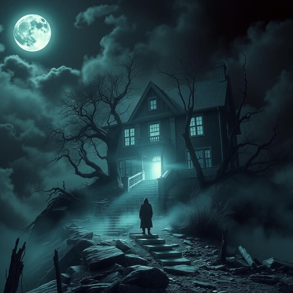 Eerie Haunted House Under Moonlight, in Dark Surrealist Styl...