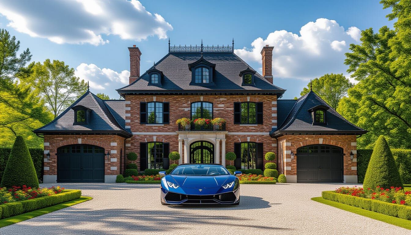 Victorian Chateau with Lamborghini in Summer Garden