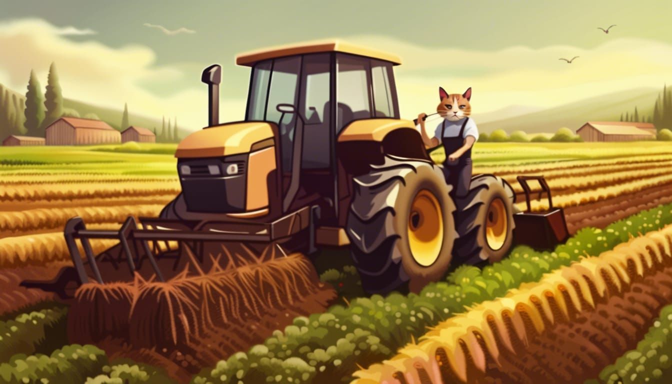 Realistic Cat Farmer Plowing Field in Fantasy Style