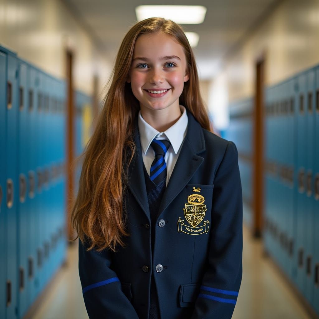 Confident Teen Girl Posing in School Hallway