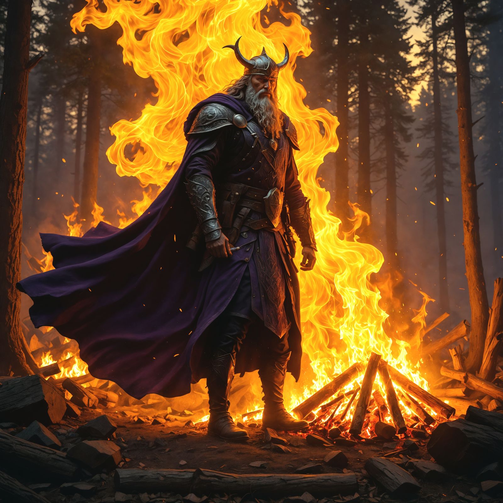 Odin Emerges from Campfire Flames: Dark Fantasy Art