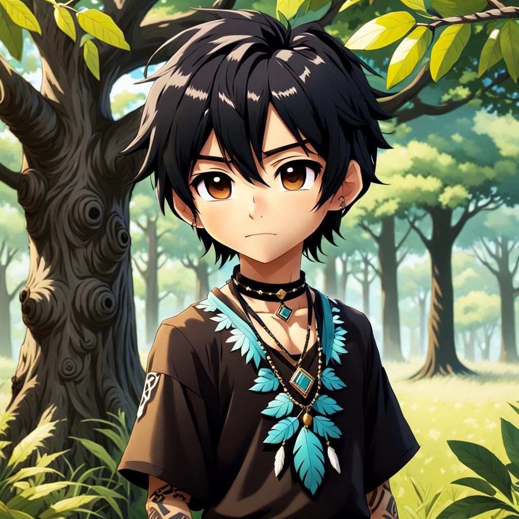 Chibi Boy in Native American Outfit, Anime Style