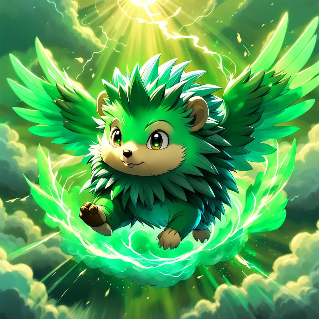 Green Winged Hedgehog Soaring in Emerald Storm