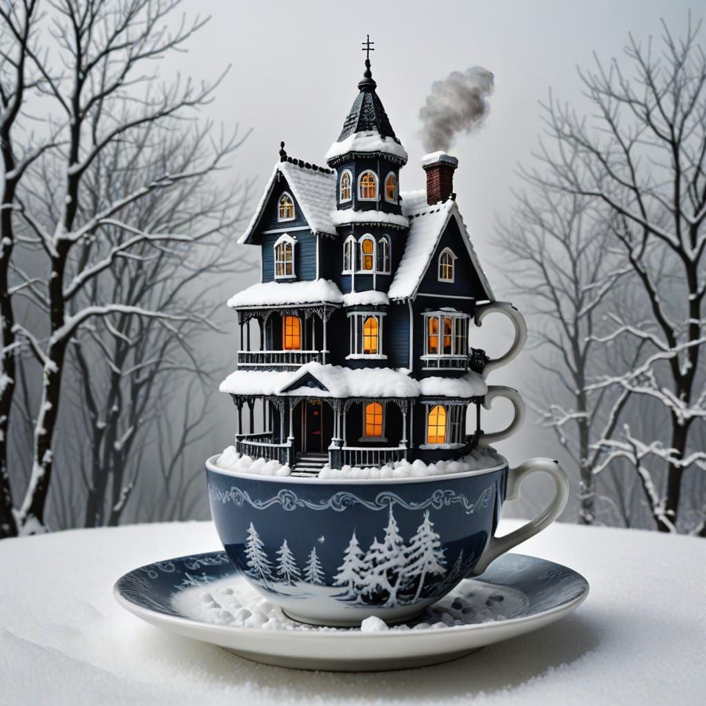 Snowy Haunted House on Steaming Teacup