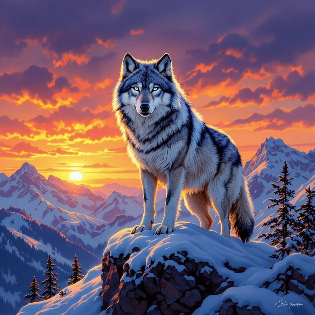 Snow Wolf on Mountain Peak in Wildlife Art Style